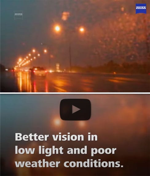 video of Zeiss lenses to improve vision while driving at night and in rain and poor weather