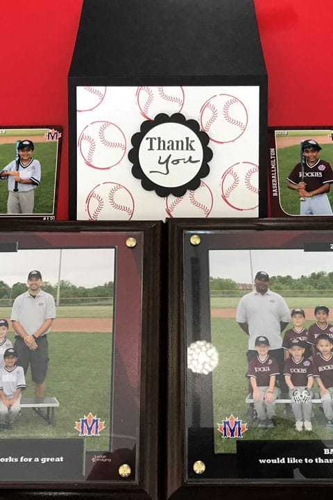 baseball milton plaques of teams Matador eyeworks sponsored and a thank you card from a parent