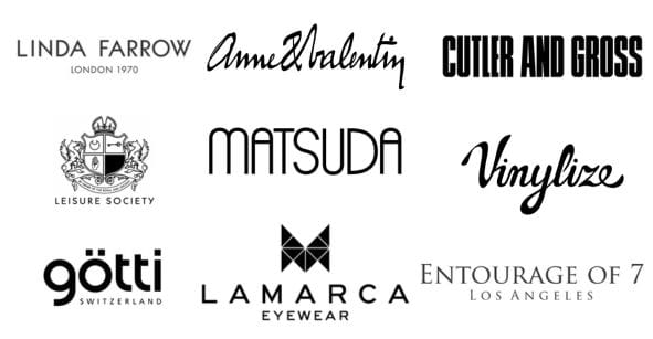 image shows logos of some of the brands Matador Eyewear optical boutique carries. Logos shown are Linda Farrow, Anne and Valentin, Cutler and Gross, Leisure Society, Matsuda, Vinylize, gotti, Lamarca, Entourage of 7