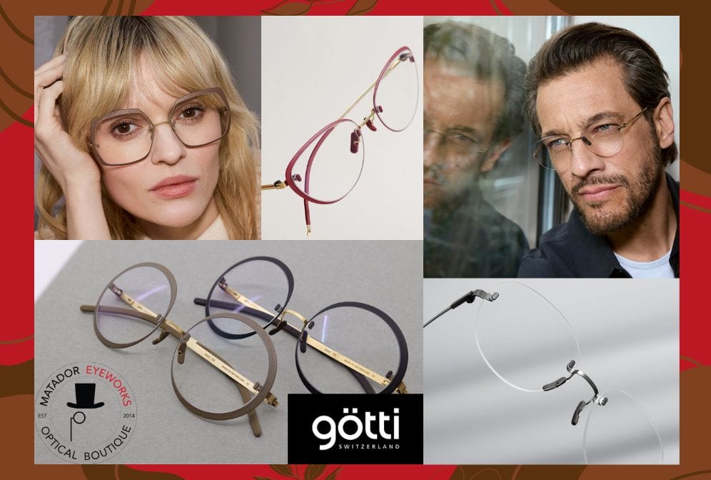 photo collage of 3 gotti rimless eyeglasses and 2 models wearing gotti prescription eyeglasses